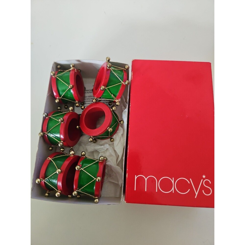Two's Company Wooden Wood Napkin Rings Christmas drum Set of 6 From Macy's